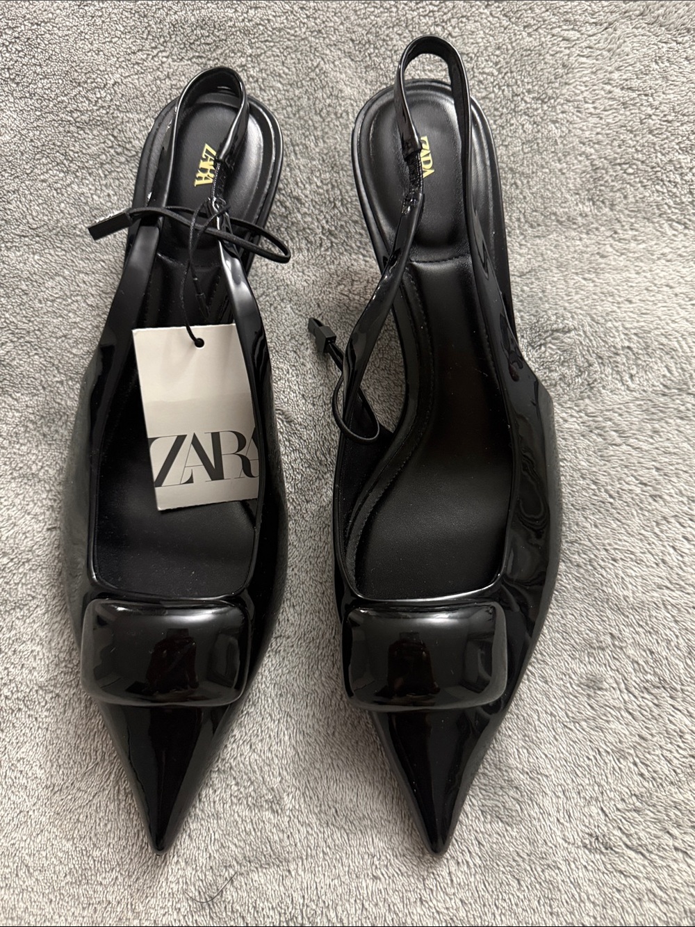 ZARA Black Patent Pointed Slingback Heels with Square Accent
